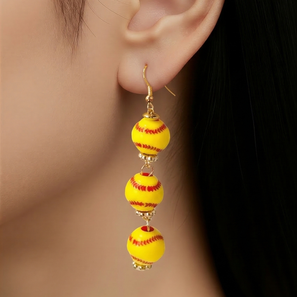 Triple Softball Dangle Earrings Yellow Red Stitch Acrylic Sports Fan Jewelry